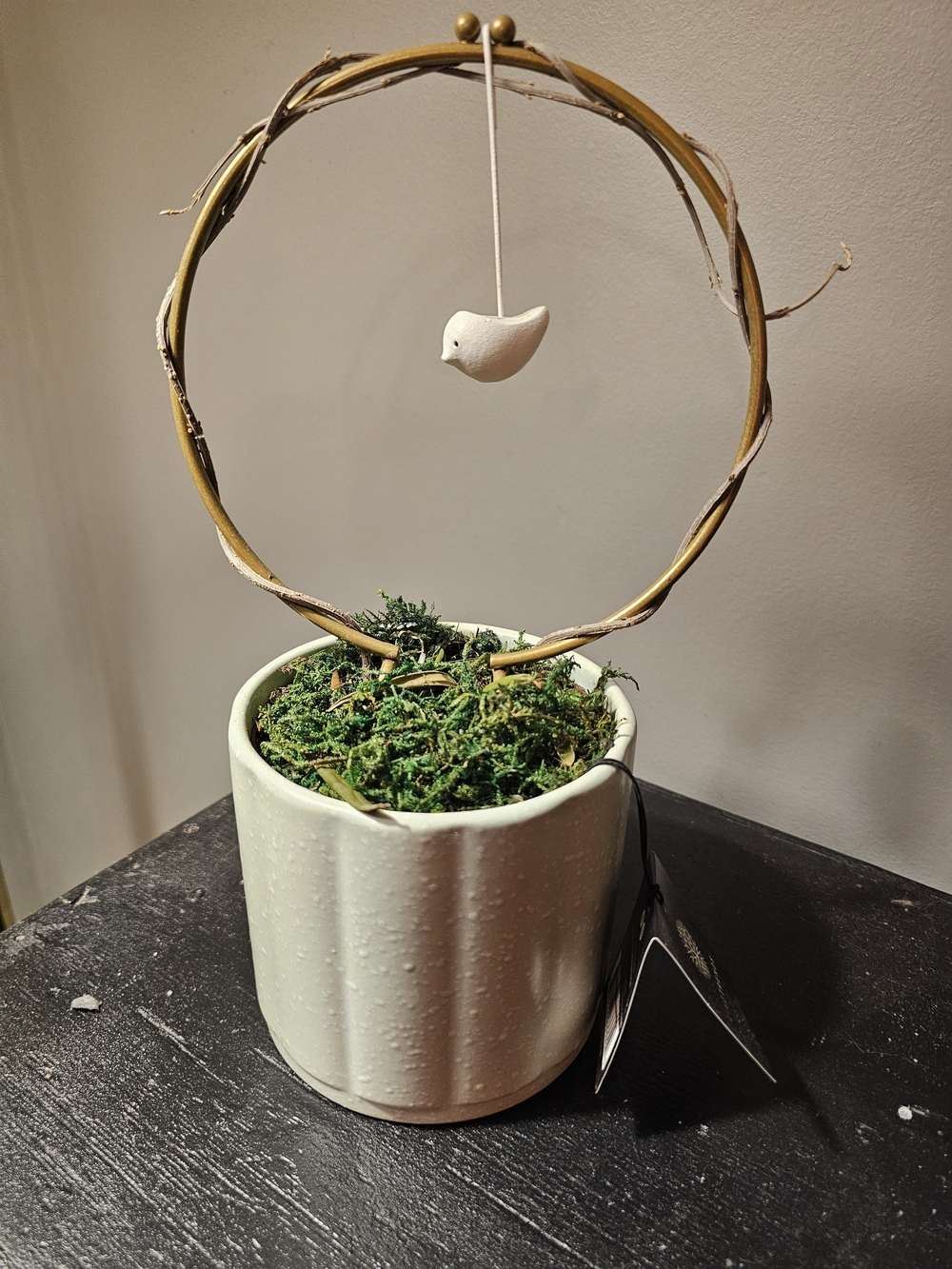 Ceramic Planter with Decorative Bird Hoop - White & Green